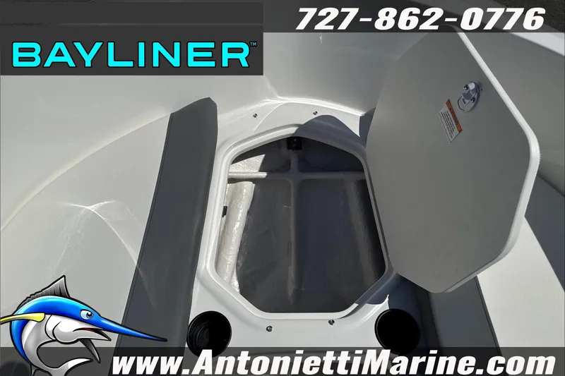 Slide: The Image of 2026 Bayliner Element E16 boat storage compartment, open hatch, Antonietti Marine branding. - 22