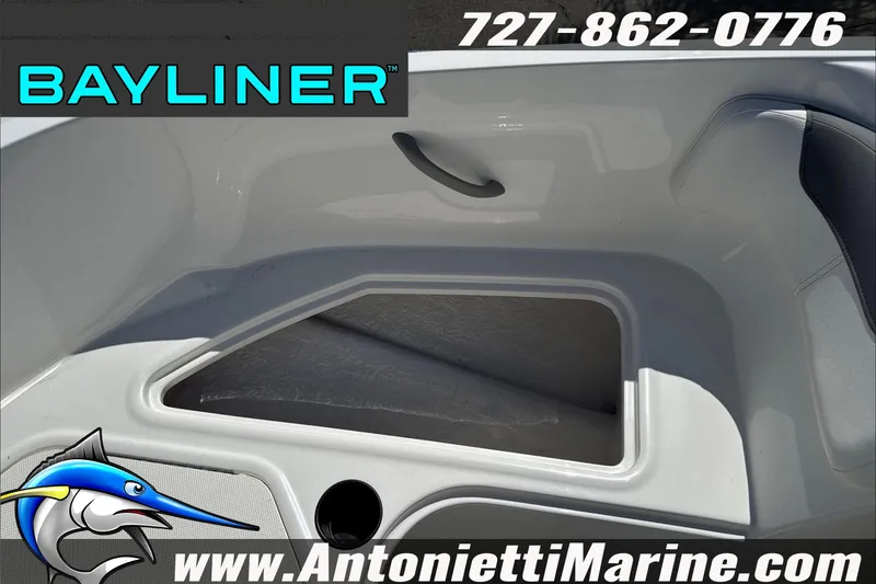 Slide: The Image of 2026 Bayliner Element E16 boat interior with storage compartment, Antonietti Marine branding. - 23