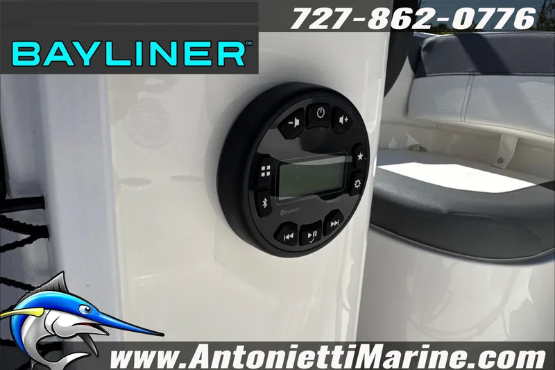 Slide: The Image of 2026 Bayliner Element E16 boat console with Bluetooth stereo system, Antonietti Marine branding. - 26