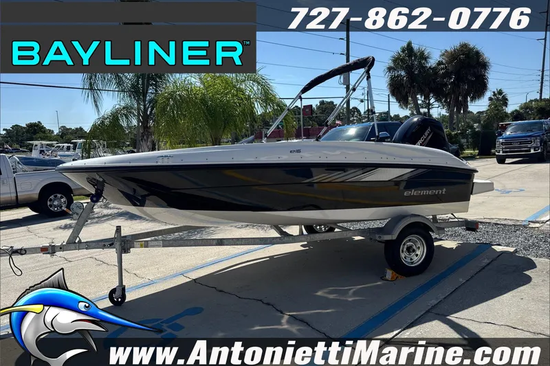 Slide: The Image of 2026 Bayliner Element E16 boat on trailer at Antonietti Marine dealership. - 5