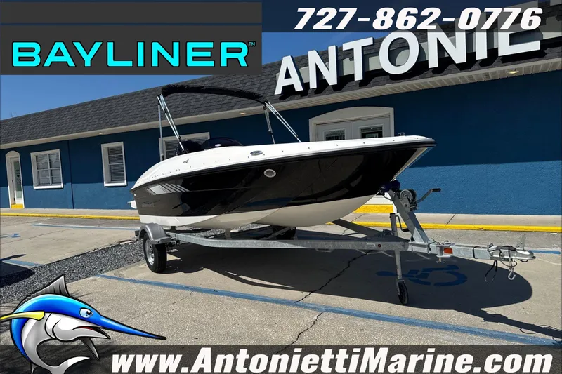 Slide: The Image of 2026 Bayliner Element E16 boat on trailer at Antonietti Marine dealership. - 7