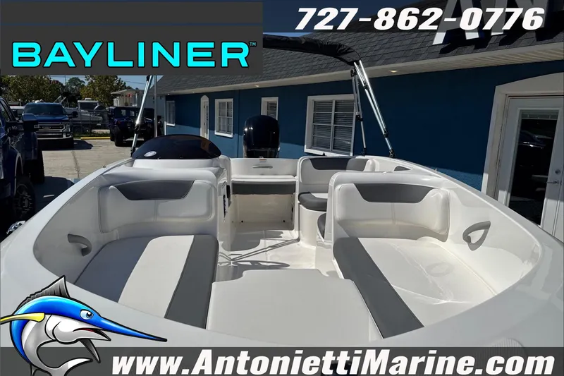 Slide: The Image of 2026 Bayliner Element E16 boat interior at Antonietti Marine dealership. - 8