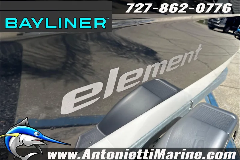 Slide: The Image of 2026 Bayliner Element E16 boat with branding and contact details. - 9