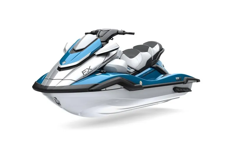 Slide: The Image of 2026 Yamaha WaveRunner FX Cruiser HO, sleek blue and white design, side view. - 5