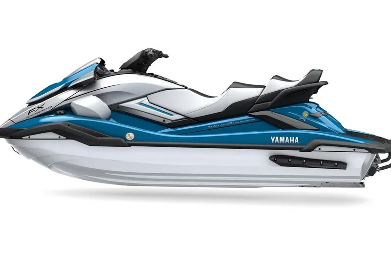 Slide: The Image of 2026 Yamaha WaveRunner FX Cruiser HO, blue and white jet ski, side view. - 7