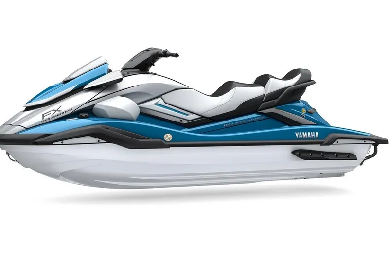 Slide: The Image of 2026 Yamaha WaveRunner FX Cruiser HO, sleek design, blue and white color scheme, side view. - 8