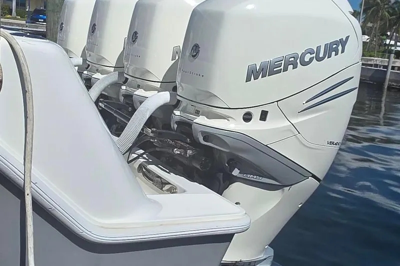 Slide: The Image of 2020 SeaVee 390Z boat with Mercury FourStroke engines and cushioned seating. - 8