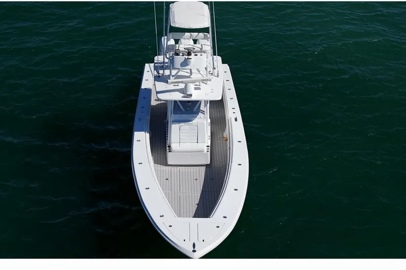 Slide: The Image of Aerial view of 2007 SeaHunter 40 boat on calm water. - 2