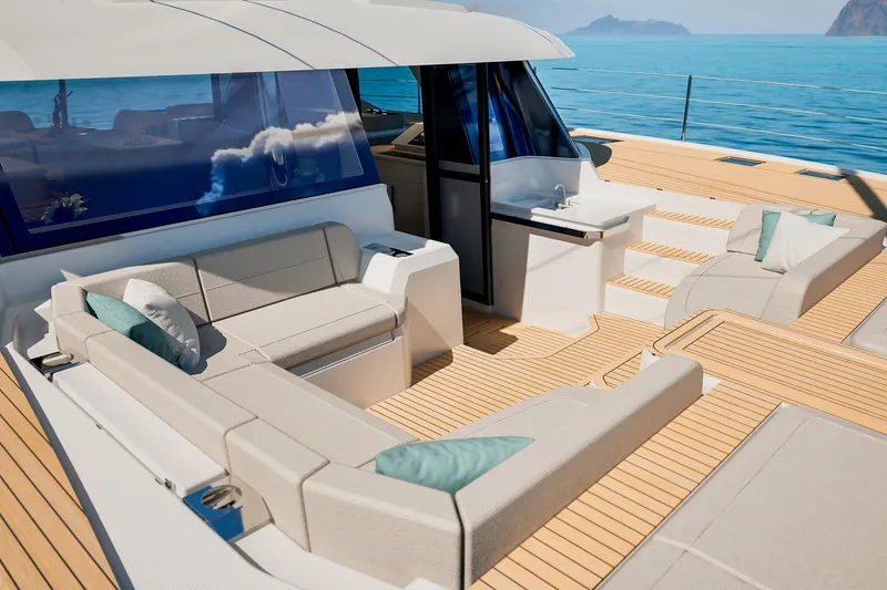 Slide: The Image of Luxurious 2026 Fountaine Pajot 55 yacht deck with elegant seating and ocean view. - 11
