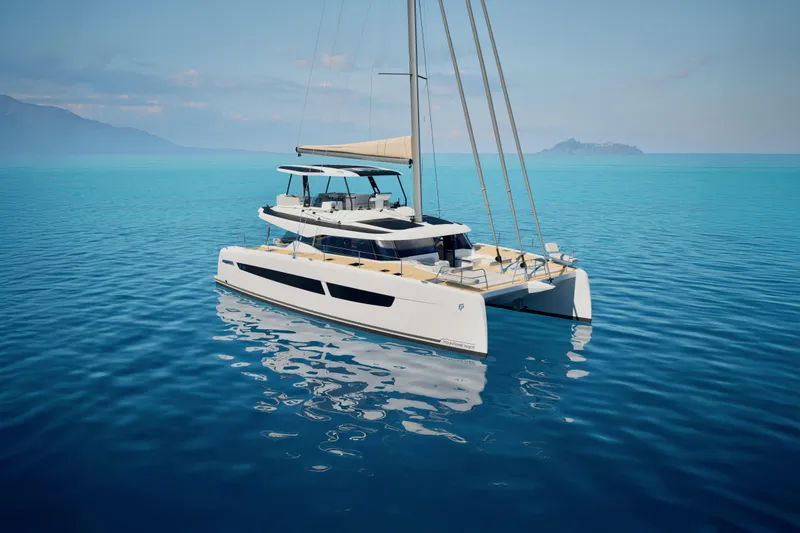 Slide: The Image of 2026 Fountaine Pajot 55 catamaran sailing on calm blue waters. - 17
