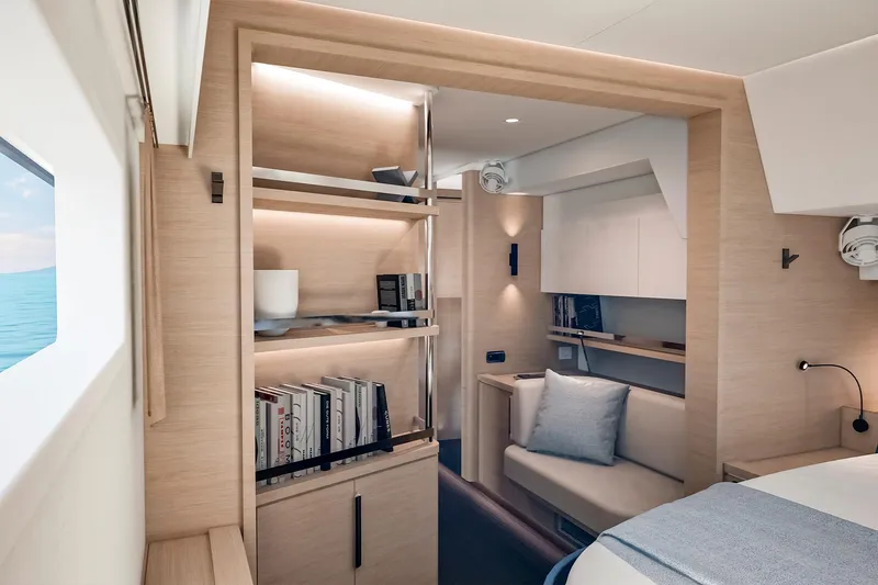 Slide: The Image of Luxurious interior of 2026 Fountaine Pajot 55 yacht with modern design and cozy seating. - 22
