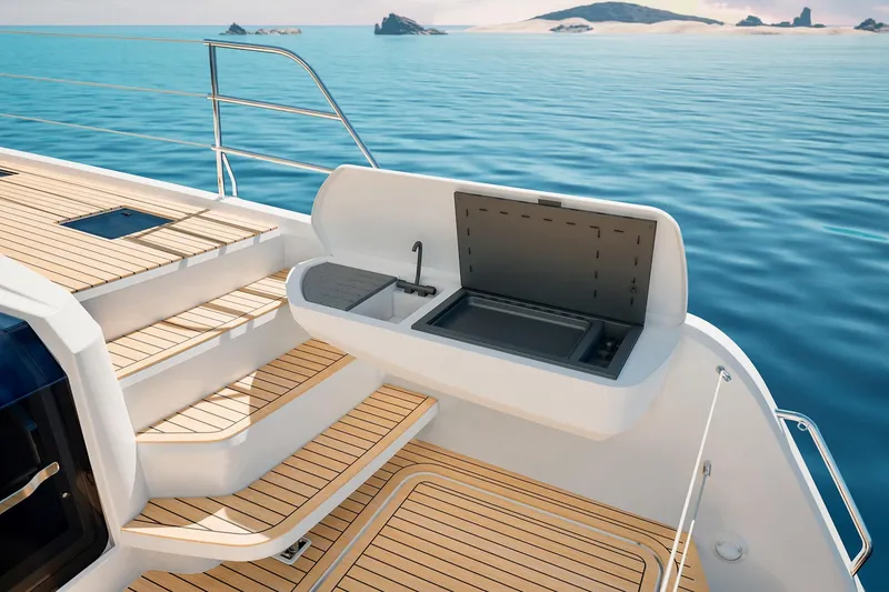 Slide: The Image of Luxury Fountaine Pajot 55 yacht deck with outdoor sink, 2026 model, ocean view. - 37