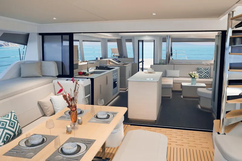 Slide: The Image of Luxurious interior of 2026 Fountaine Pajot 55 yacht with elegant dining and seating areas. - 42