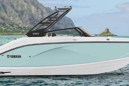 The Image of 2026 Yamaha Boats 222S in scenic ocean setting with mountains in background. - 1