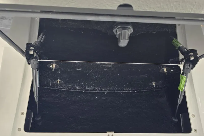 Slide: The Image of 2026 Sea Born LX21 Center Console storage compartment with hydraulic supports. - 11