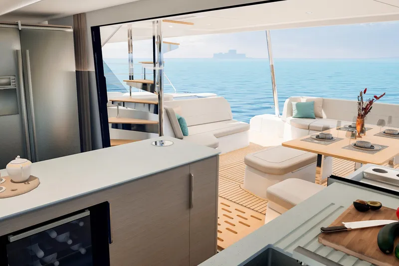 Slide: The Image of Luxurious 2026 Fountaine Pajot 55 yacht interior with elegant seating and ocean view. - 39