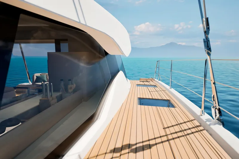 Slide: The Image of Luxurious 2026 Fountaine Pajot 55 yacht deck with elegant seating and ocean view. - 7