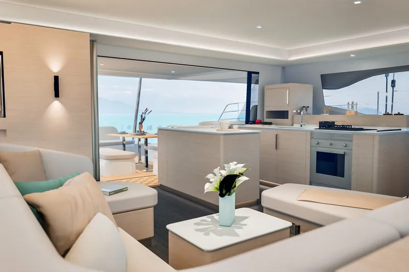 Slide: The Image of Luxurious interior of 2026 Fountaine Pajot 55 yacht with modern kitchen and seating area. - 30