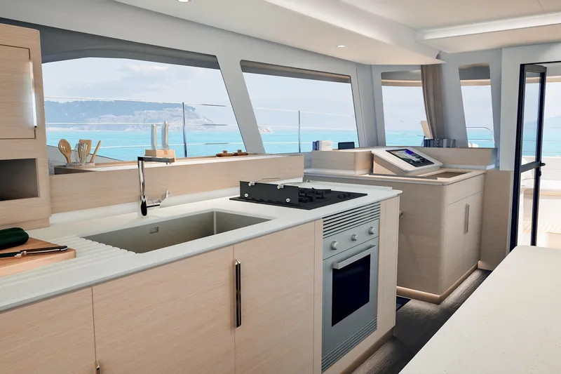 Slide: The Image of Luxurious kitchen interior of 2026 Fountaine Pajot 55 yacht with ocean view. - 34
