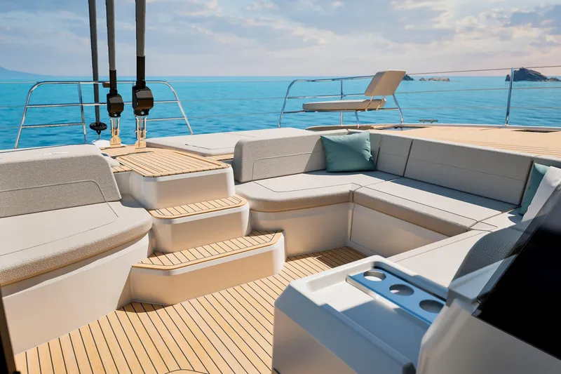 Slide: The Image of Luxurious 2026 Fountaine Pajot 55 yacht deck with elegant seating and ocean view. - 9