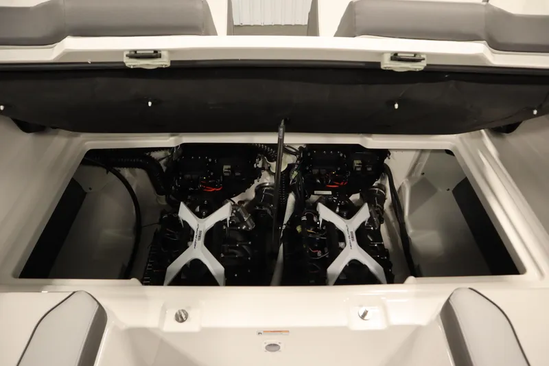 Slide: The Image of 2026 Yamaha Boats AR250 engine compartment with dual engines, showcasing advanced marine technology. - 36