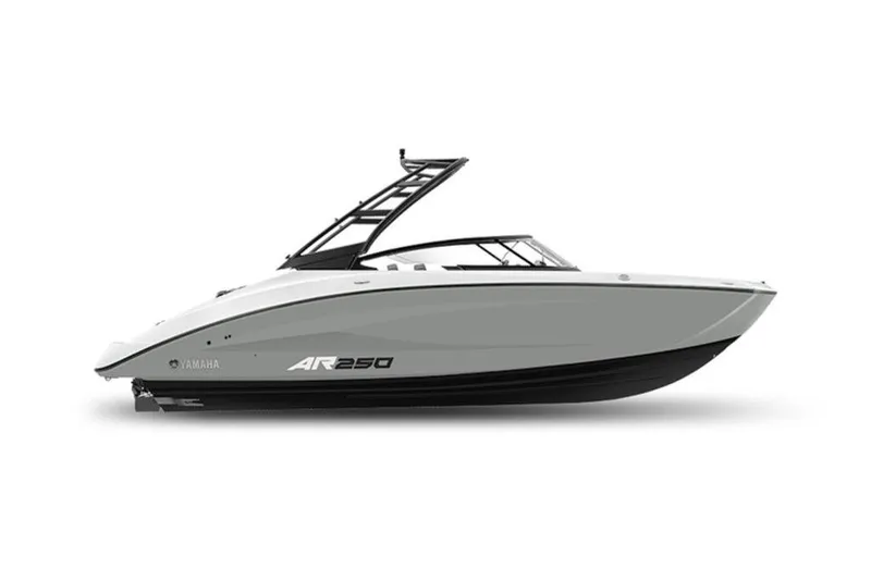 Slide: The Image of 2026 Yamaha Boats AR250, sleek design, side view, white and black color scheme. - 53