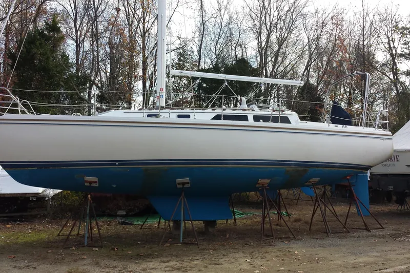 Slide: The Image of 1989 Catalina 36 sailboat on stands, surrounded by trees, ready for maintenance. - 36