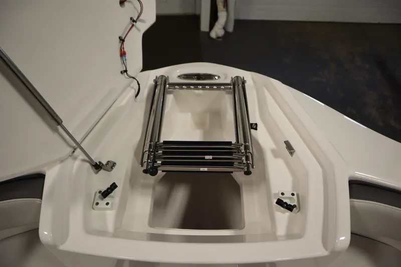 Slide: The Image of 2026 Yamaha Boats AR250 bow with stainless steel ladder and storage compartment. - 12