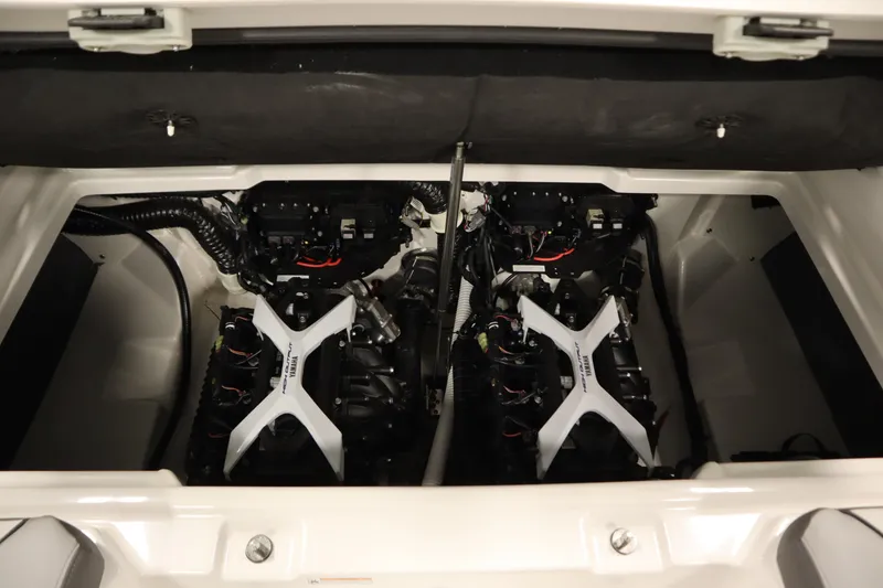 Slide: The Image of 2026 Yamaha Boats AR250 engine compartment showcasing dual engines and advanced mechanics. - 35