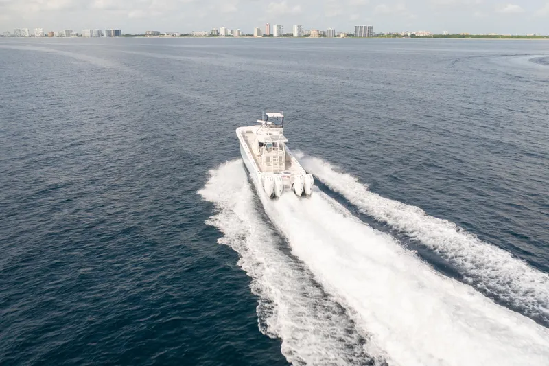 Slide: The Image of Invincible 46 Catamaran 2022 cruising on open water with city skyline in background. - 3