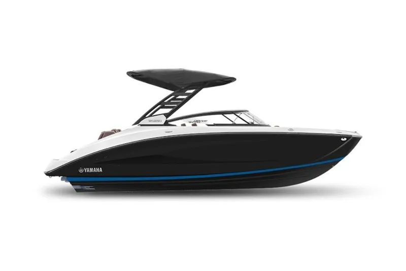 Slide: The Image of 2026 Yamaha Boats 252SD, sleek black and white design, side view with canopy. - 50