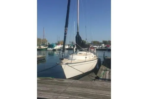 The Image of 1982 Tartan 33 sailboat docked in a marina under clear blue skies. - 0