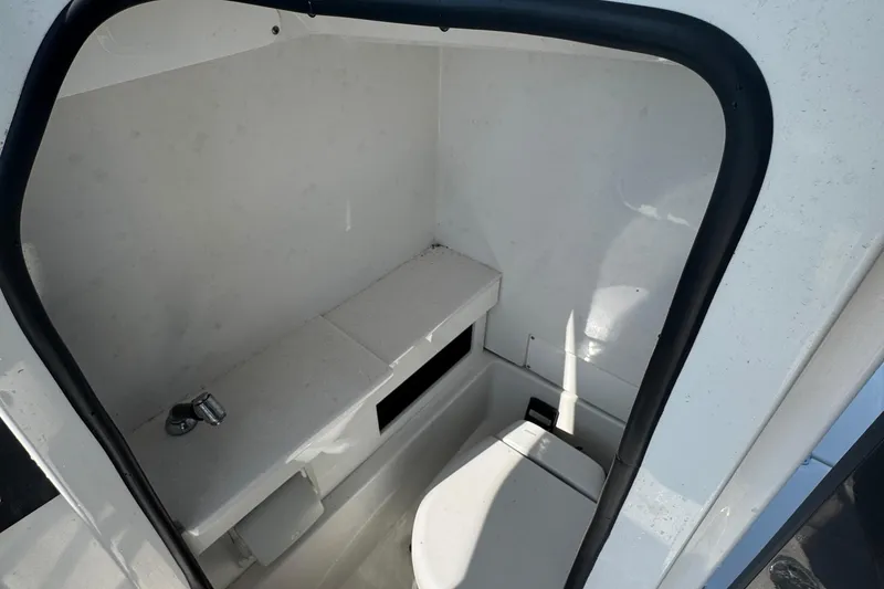 Slide: The Image of 2021 Blackfin 252 DC boat interior with compact bathroom and toilet. - 35
