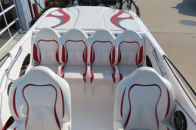 Slide: The Image of 2013 Nordic 39 POKER RUN boat interior with white and red seating arrangement. - 19