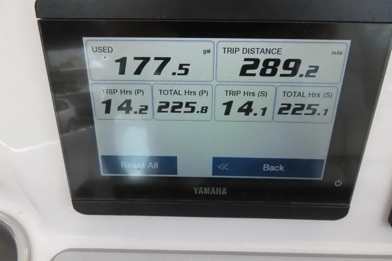 Slide: The Image of Yamaha display showing fuel usage and trip data for 2024 Sea Fox 288 Commander. - 12