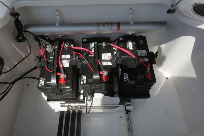 Slide: The Image of 2024 Sea Fox 288 Commander boat battery compartment with deep cycle batteries. - 14