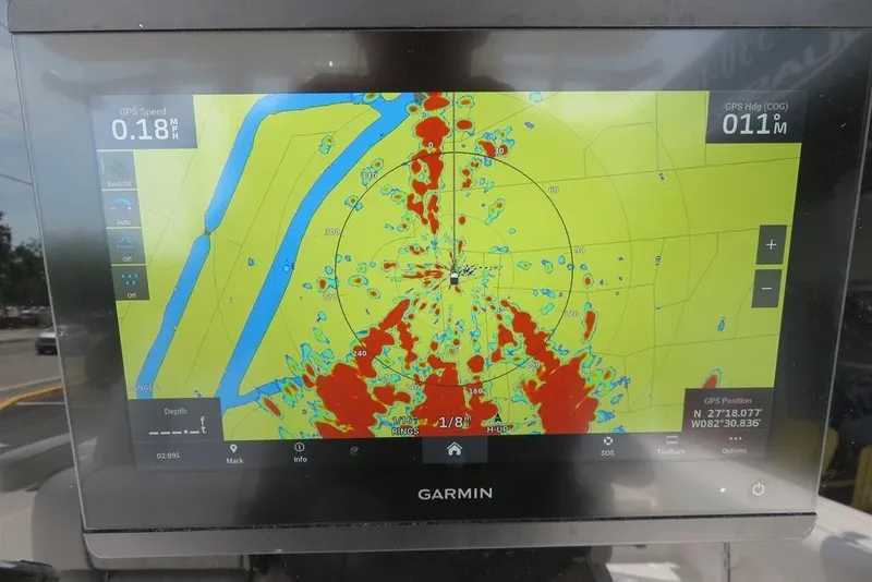 Slide: The Image of Garmin GPS display on 2024 Sea Fox 288 Commander boat, showing navigation map. - 56