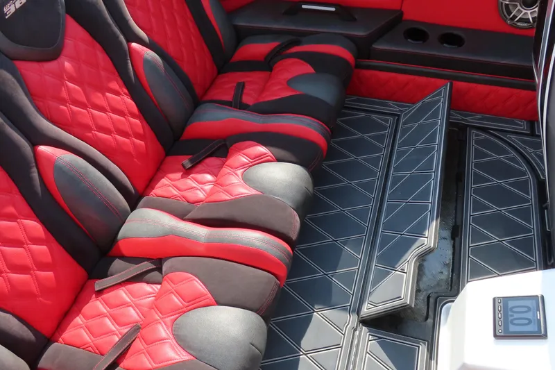 Slide: The Image of Red and black quilted seats in a 2021 Wright Performance 360 Carbon boat interior. - 13