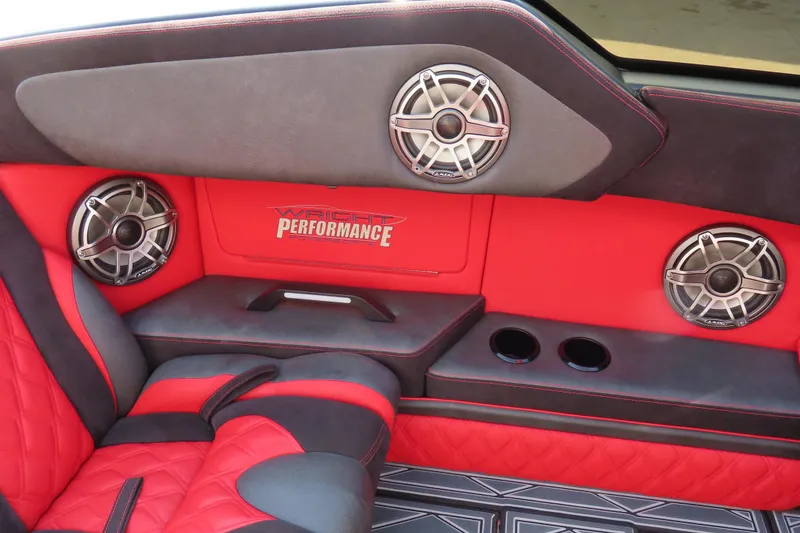 Slide: The Image of Red and black interior of 2021 Wright Performance 360 Carbon boat with speakers. - 14