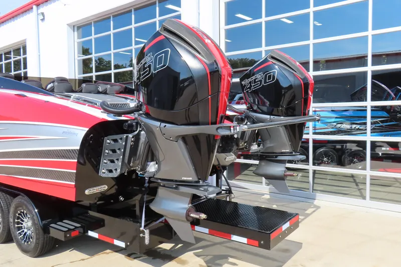 Slide: The Image of Red Wright Performance 360 Carbon boat with twin 450 horsepower engines, 2021 model. - 19