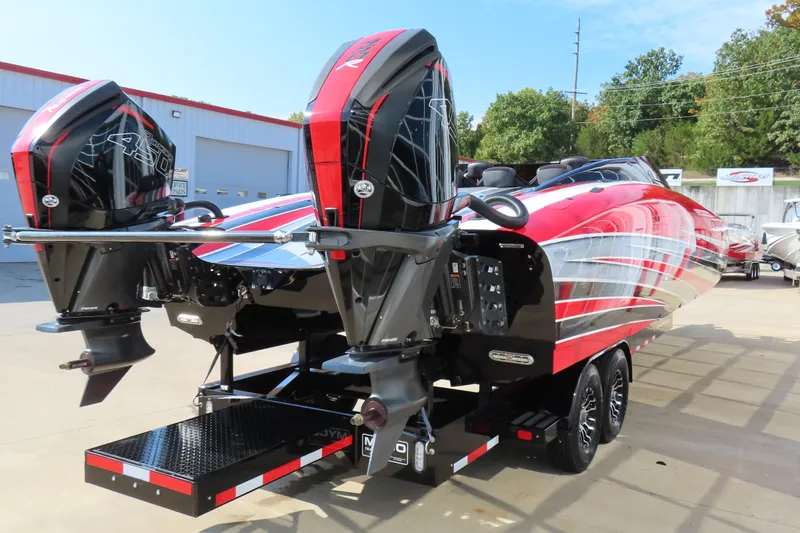 Slide: The Image of 2021 Wright Performance 360 Carbon boat with dual engines on a trailer. - 5