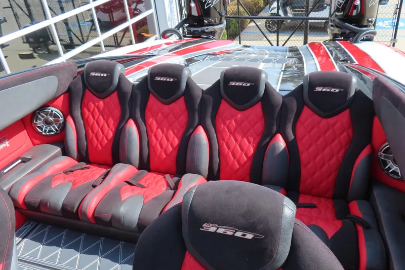 Slide: The Image of Luxurious red and black seating in 2021 Wright Performance 360 Carbon boat. - 8