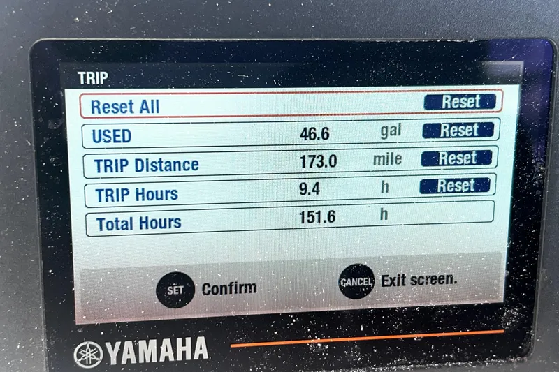 Slide: The Image of Yamaha trip display showing fuel usage, distance, and hours for 2020 NauticStar 2302 Legacy. - 34