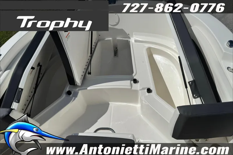 Slide: The Image of 2026 Trophy T20CC Center Console boat interior with storage compartments, showcased by Antonietti Marine. - 16