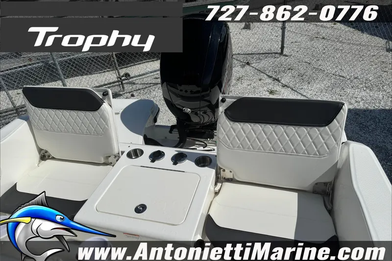 Slide: The Image of 2026 Trophy T20CC Center Console boat interior with seating and engine, Antonietti Marine branding. - 25