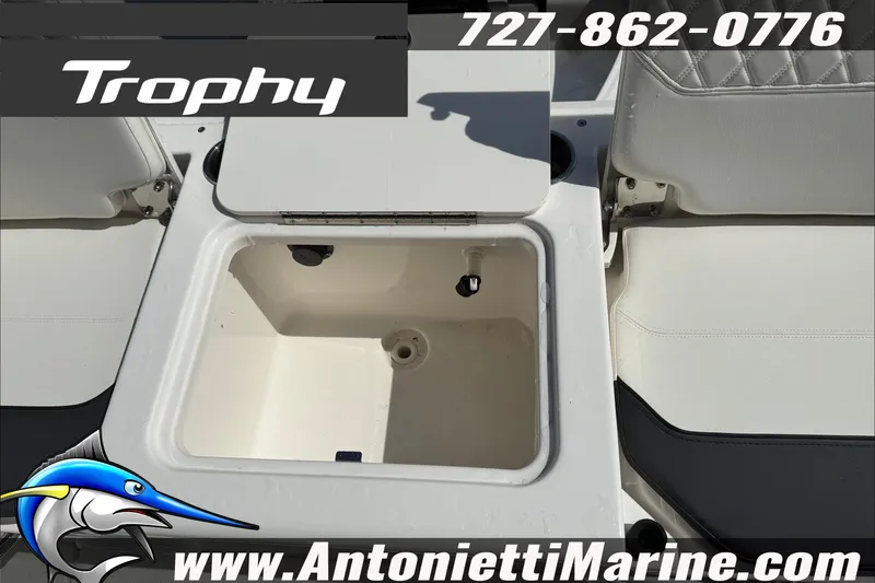 Slide: The Image of 2026 Trophy T20CC Center Console boat interior with storage compartment, Antonietti Marine branding. - 27