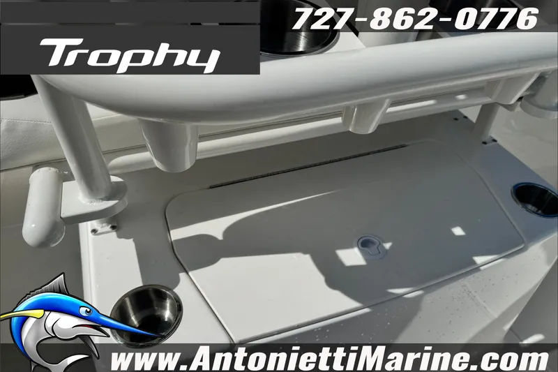 Slide: The Image of 2026 Trophy T20CC Center Console boat deck with rod holders and cup holders. - 28