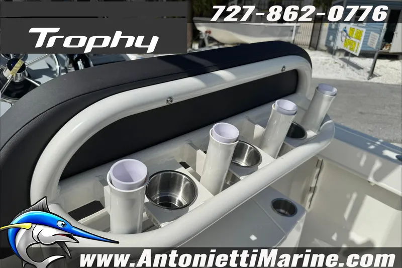 Slide: The Image of 2026 Trophy T20CC Center Console boat with rod holders and cup holders, Antonietti Marine branding. - 30