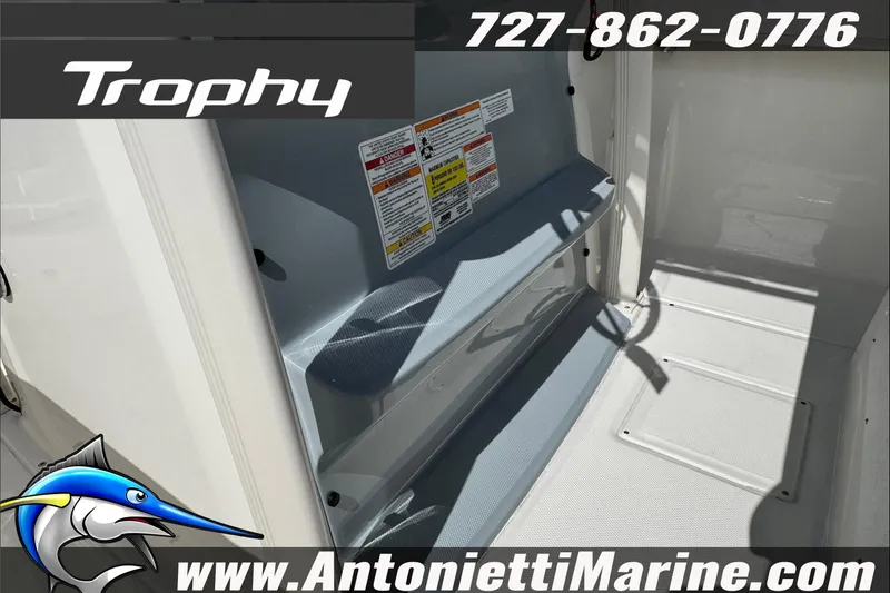 Slide: The Image of 2026 Trophy T20CC Center Console interior with safety labels, showcased by Antonietti Marine. - 32