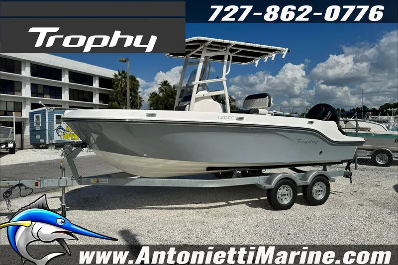 Slide: The Image of 2026 Trophy T20CC Center Console boat on trailer at Antonietti Marine dealership. - 5